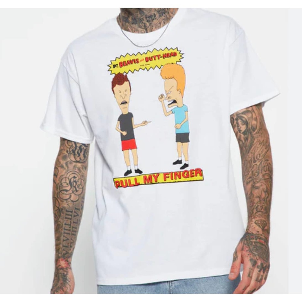 Beavis And Butthead Men's Finger Short Sleeve T-Shirt in White